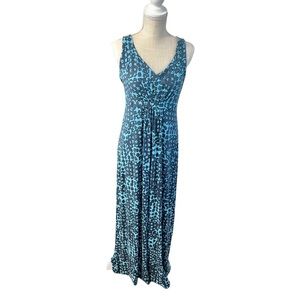 Boden Jersey Maxi Dress Size 10 Tall Blue Retro Floral Sleeveless V-neck Stretch